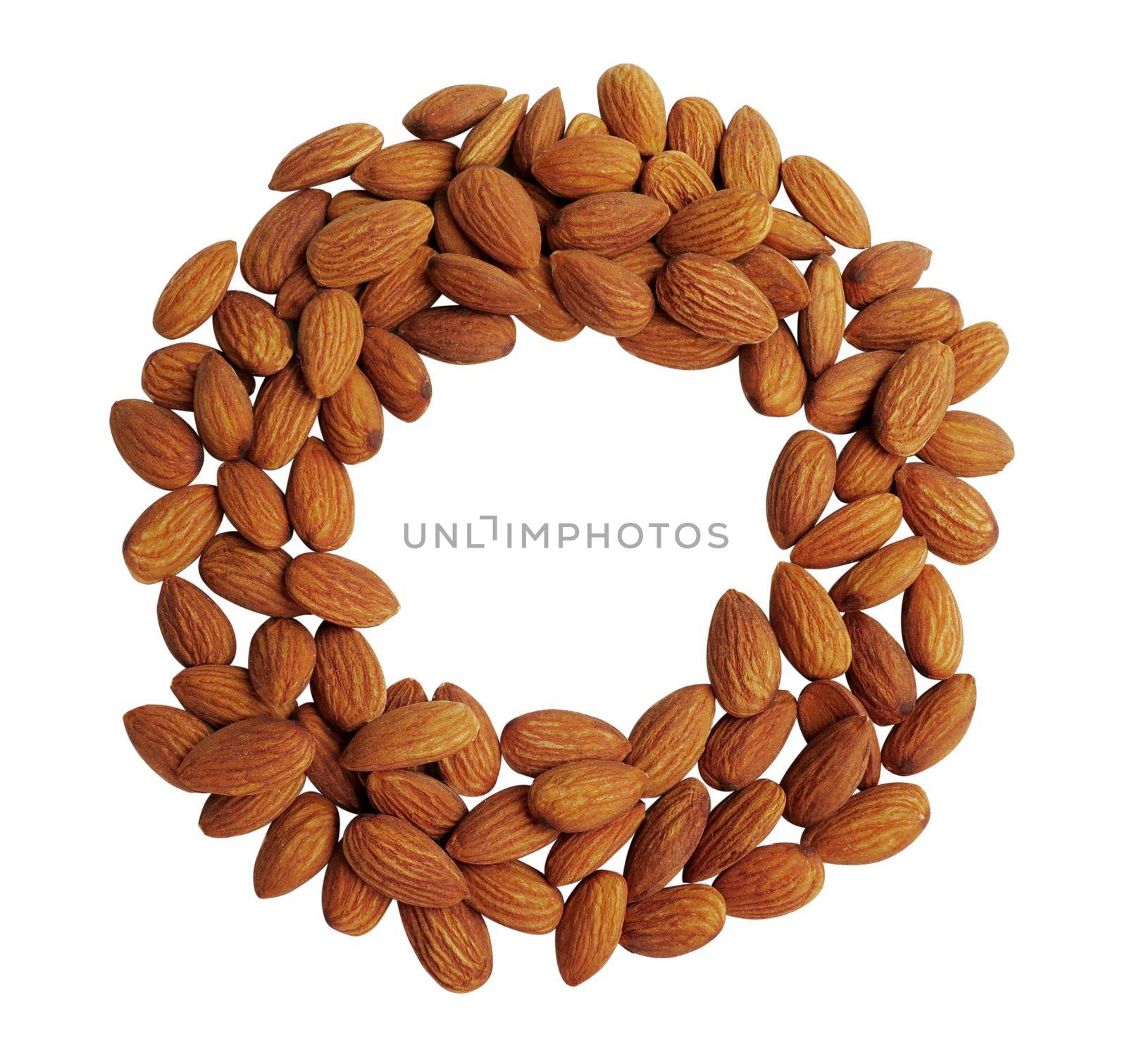 Peeled almonds closeup circle shape background