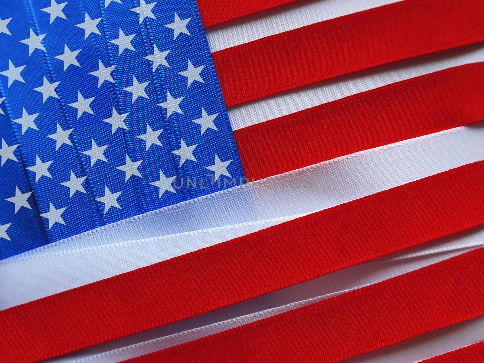 United States of America flag or banner made with red, blue and white ribbons