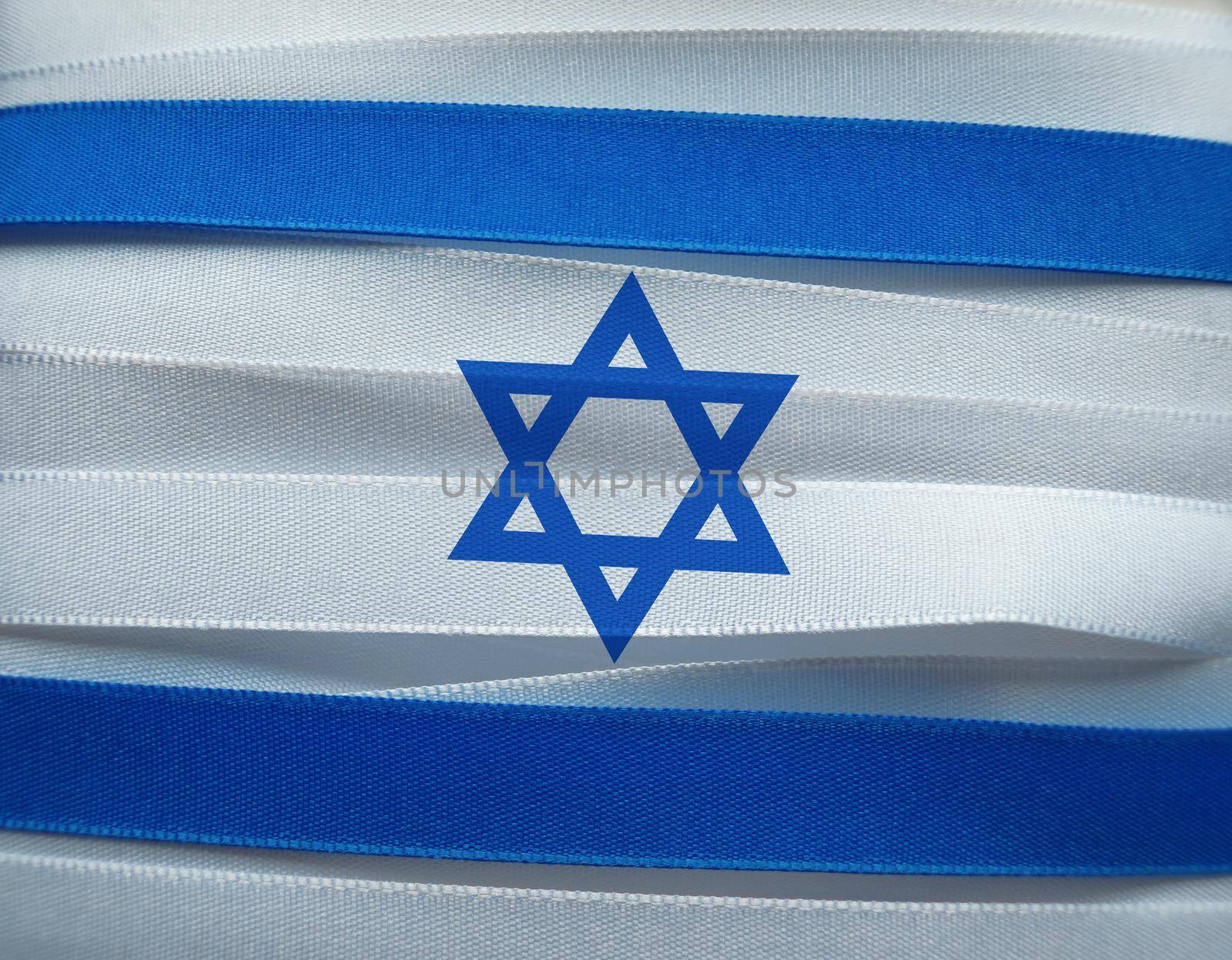 Israel flag or banner made with blue and white ribbons