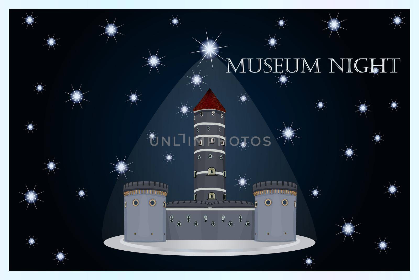 Museum night. Ancient castle at starry sky background. Cultural event poster by KajaNi