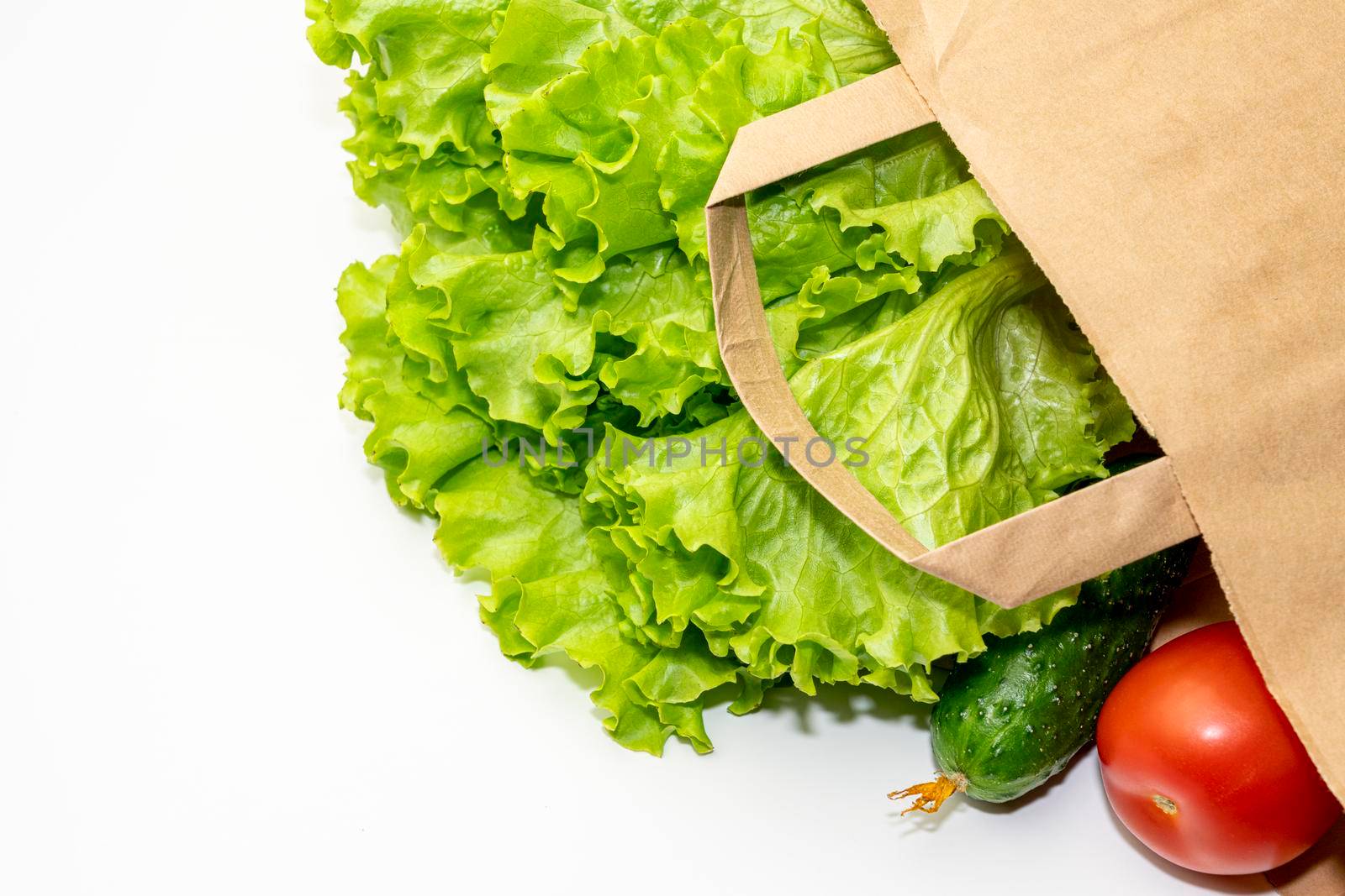 paper bag with cucumbers tomatoes and lettuce by roman112007