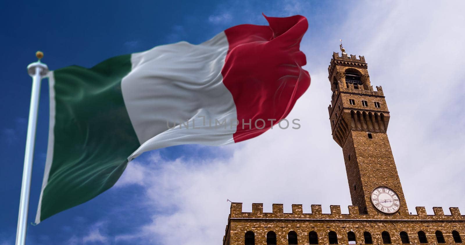 The Italian flag waving in the wind with the tower of Palazzo Vecchio in Florence in the background by rarrarorro