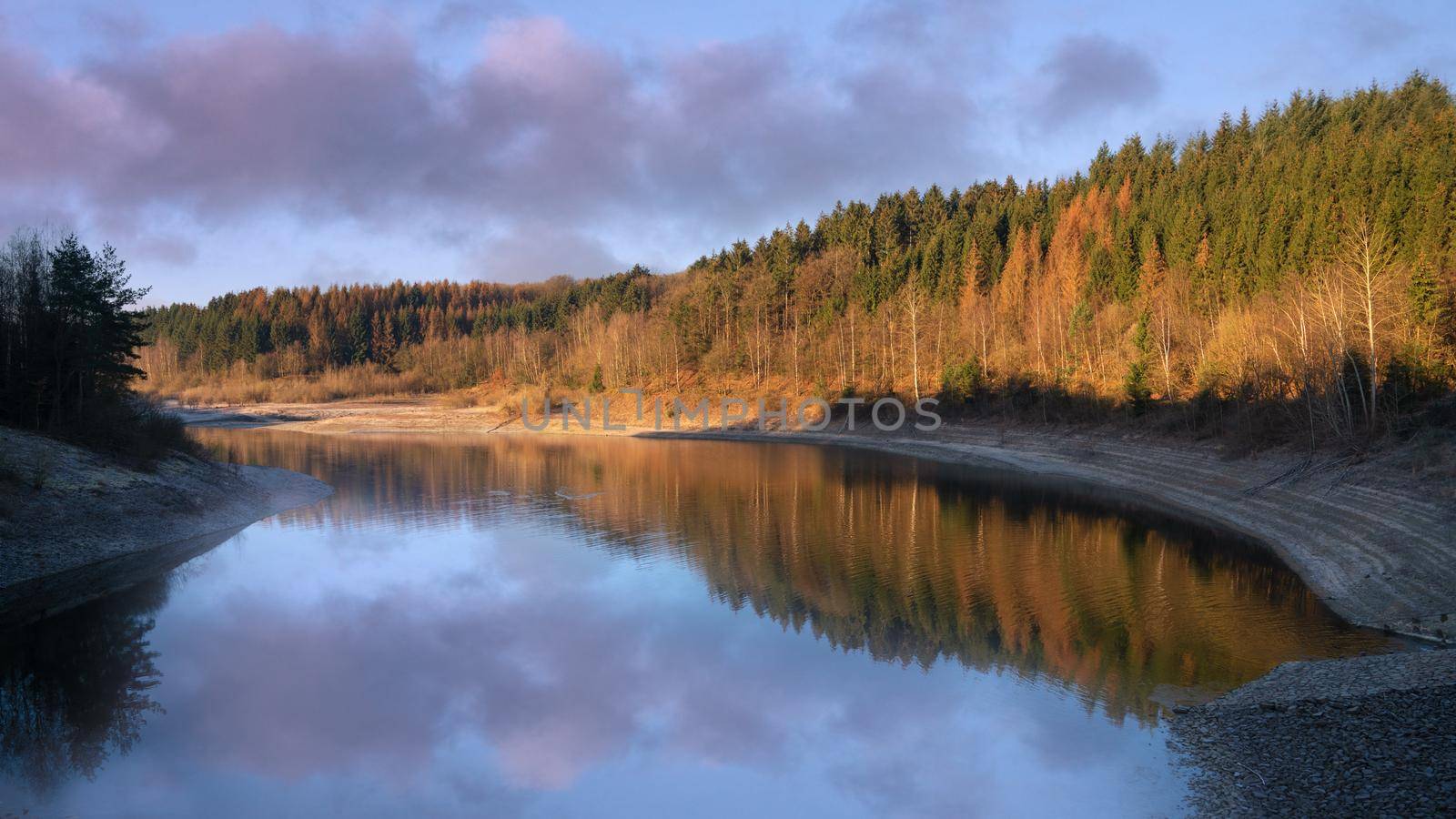 Panoramic image of Dhunn water reservoir at sunrise, Bergisches Land, Germany