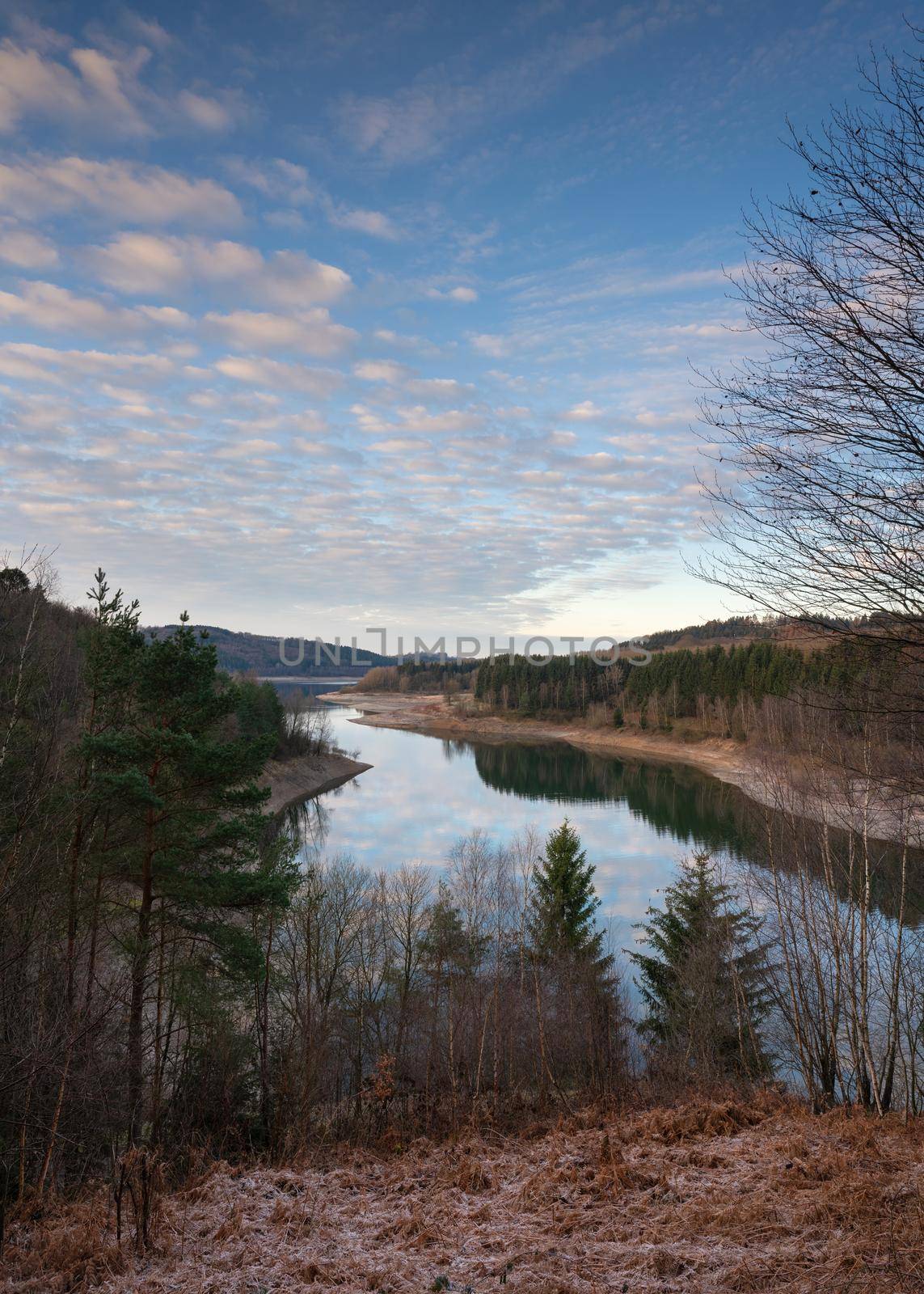 Panoramic image of Dhunn water reservoir at sunrise, Bergisches Land, Germany