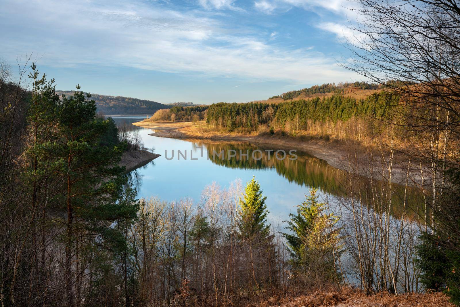 Panoramic image of Dhunn water reservoir at sunrise, Bergisches Land, Germany