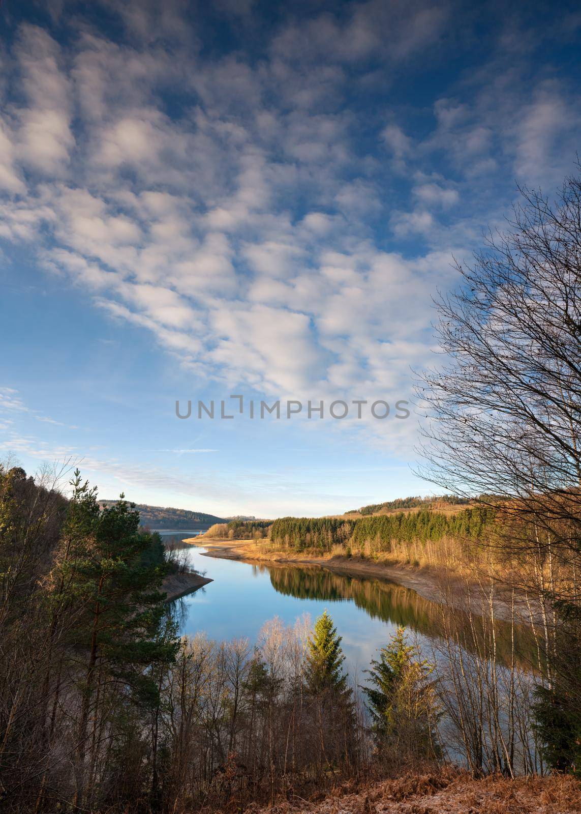 Panoramic image of Dhunn water reservoir at sunrise, Bergisches Land, Germany