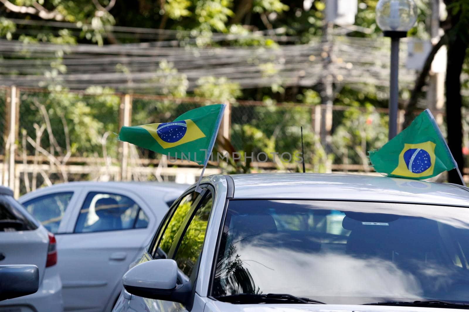 salvador, bahia / brazil  - June 16, 2018: Brazilian flags are seen in the city of Salvador.
