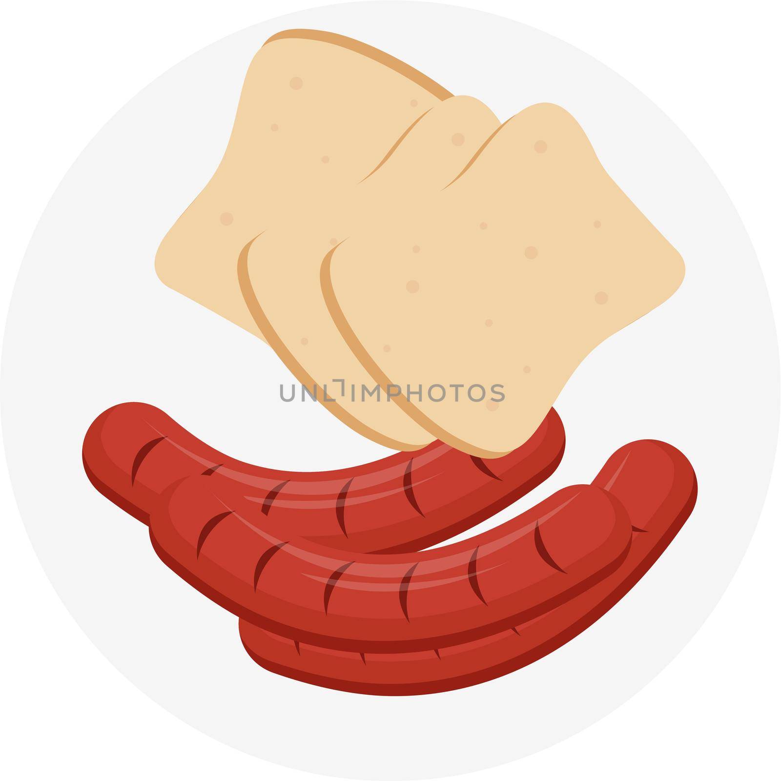Sausage and bread, illustration, vector on white background.