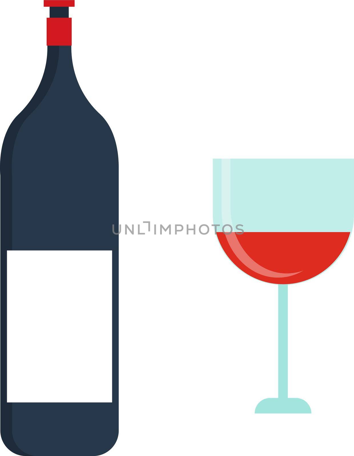 Wine bottle and glass, illustration, vector on white background.
