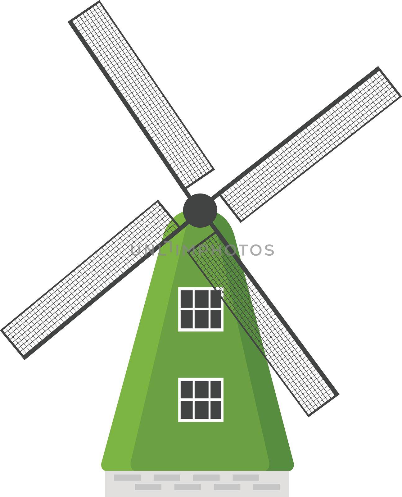 Green windmill, illustration, vector on white background. by Morphart