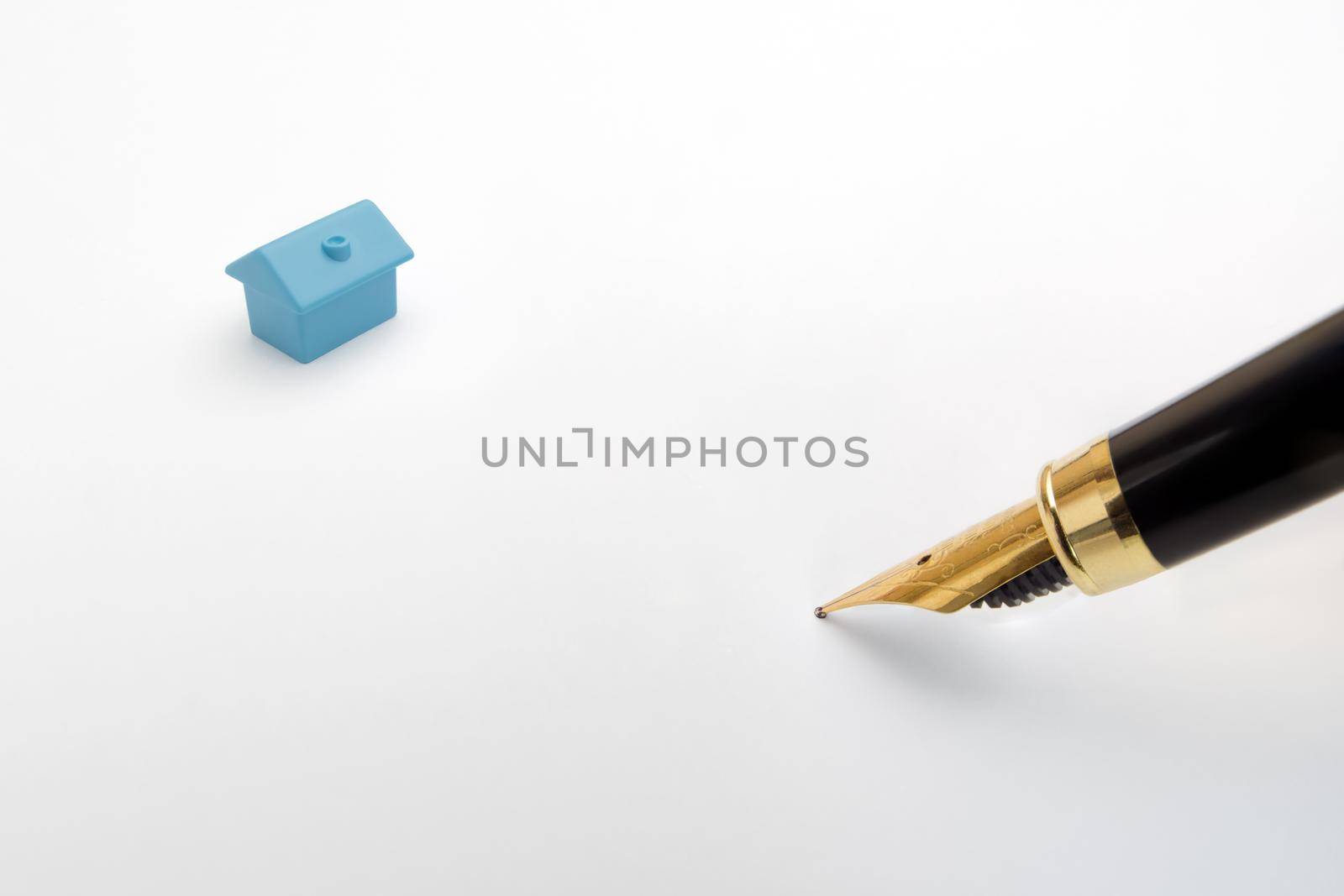 Model home real estate property rent buy sale house loan signing pen document signature icon house miniature home mortgage papers. Empty template document signature pen house contract signing papers