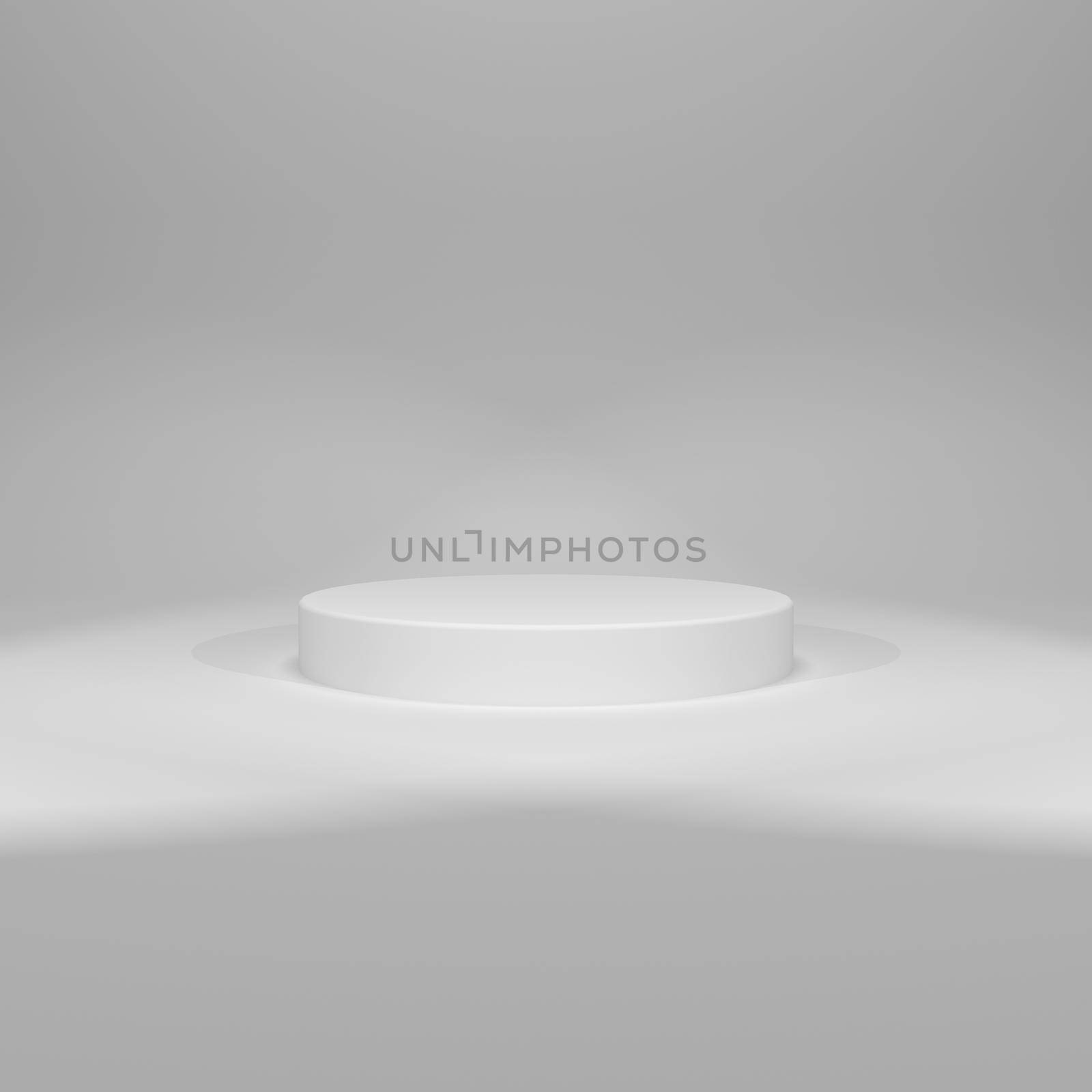 3D rendering of white round pedestal on white background with two spot lights. High resolution illustration