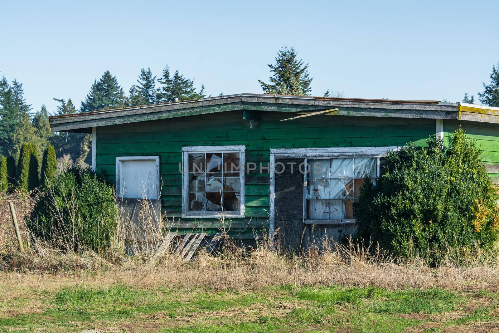 Old abandoned house in disrepair on cold fall day