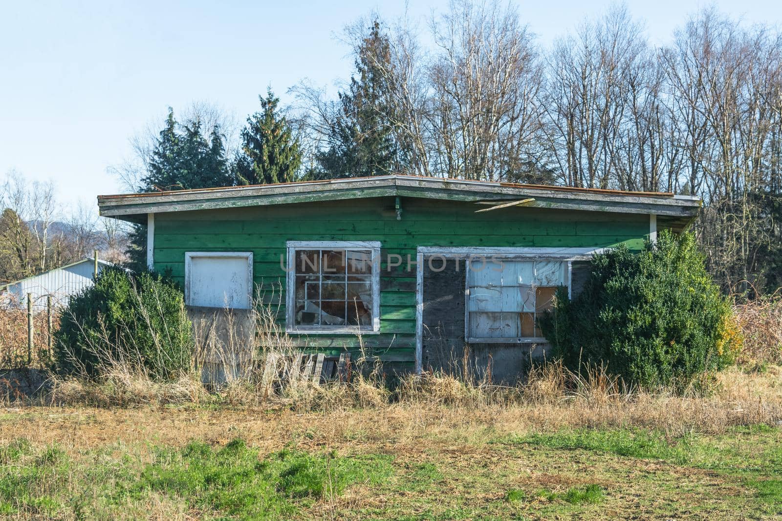 Old abandoned house in disrepair on cold fall day