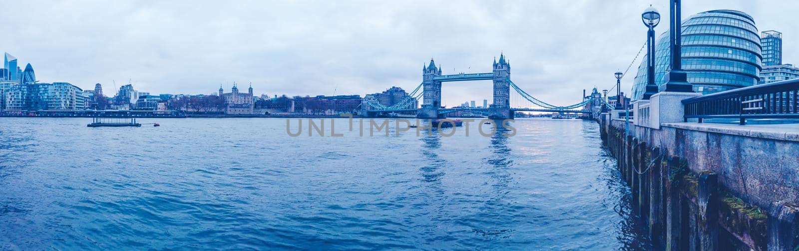Panoramic view of Tower Bridge , City Hall and the River Thames in London