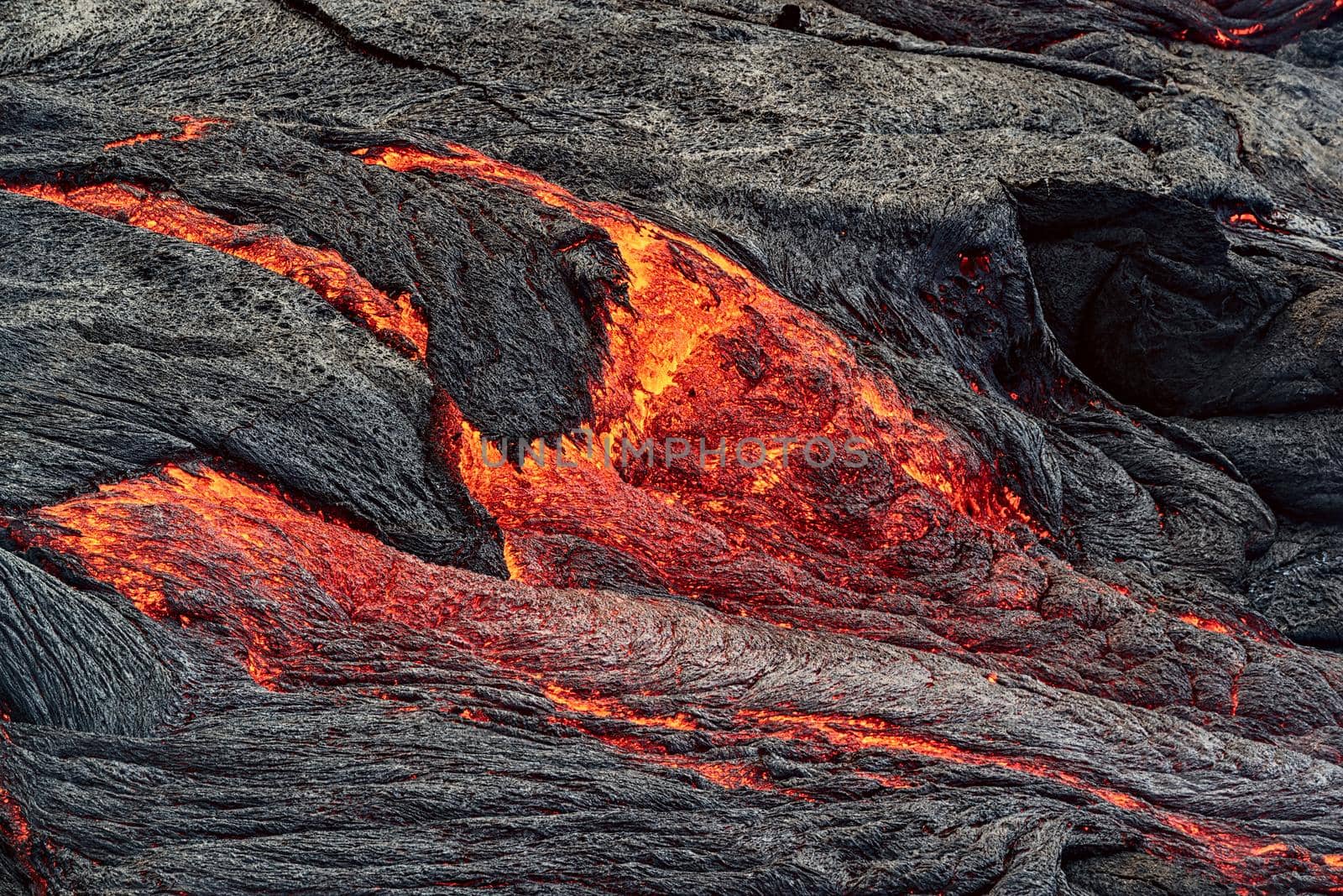 Closeup of magma in Fagradalsfjall volcanic eruption in Reykjanes peninsula around 40 kilometres from Reykjavik, Iceland