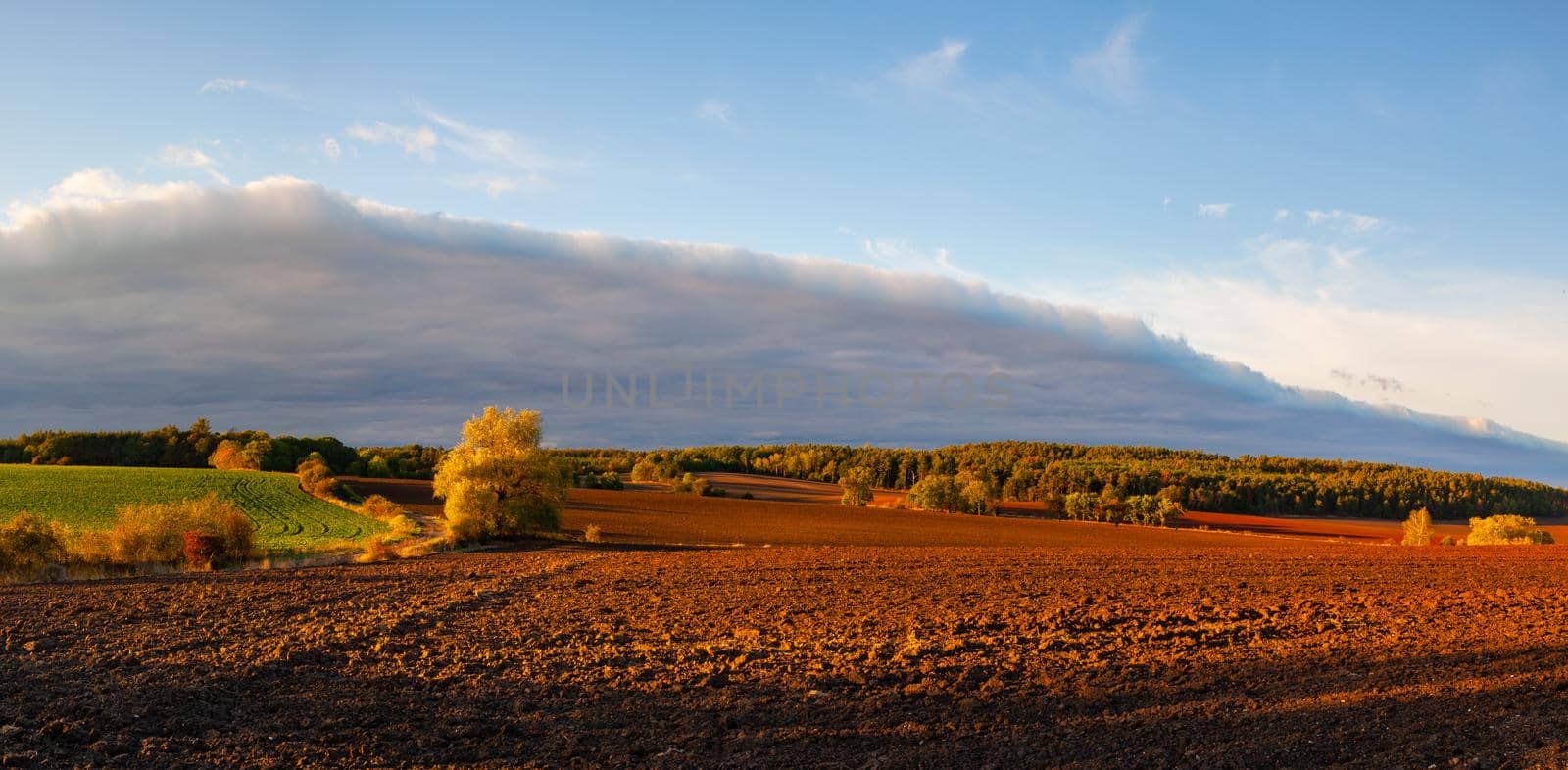 On the empty field after harvesting in summer evening. Czech Republic. Amazing sunset in Czech Bohemian Uplands. Panorama Image.
