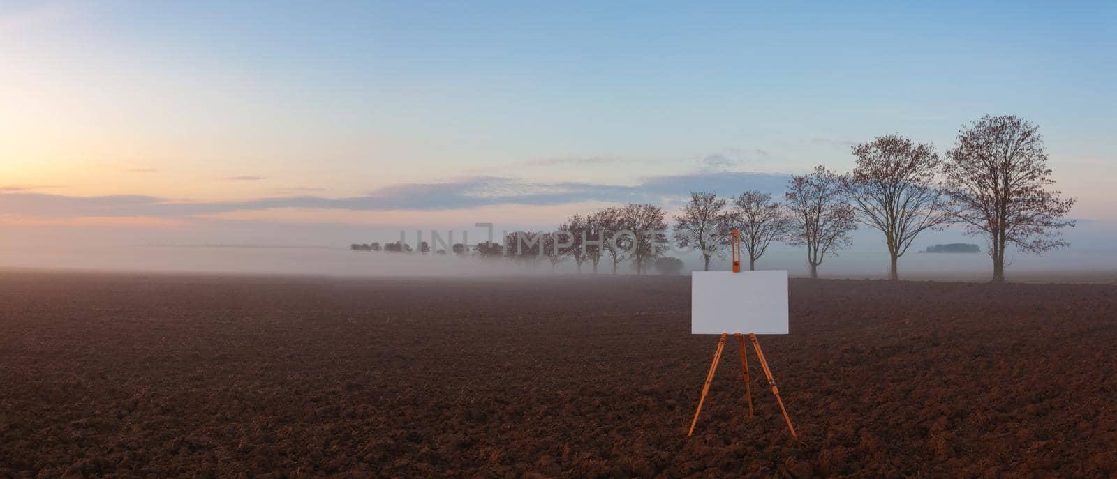 Blank art board and realistic wooden easel on the field. Landscape covered with fog in Central Bohemian Uplands, Czech Republic. Misty morning between fields.