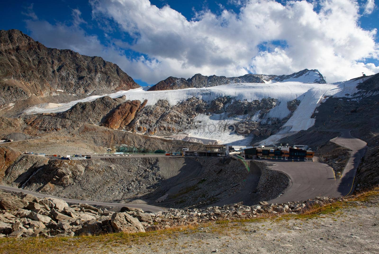 The Tiefenbach glacier located near Solden in the Otztal Alps of Tyrol, Austria. During the winter, the glacier is accessible by cable car and from spring time by car, using the Gletscherstrasse