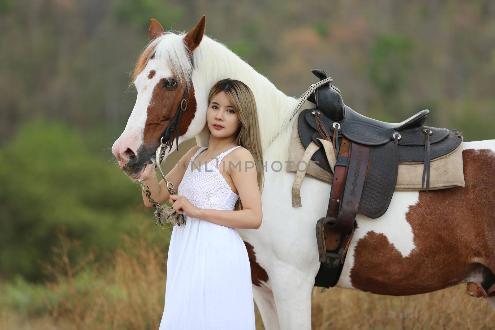 Women on skirt dress Riding Horses On field landscape Against Sky During Sunset