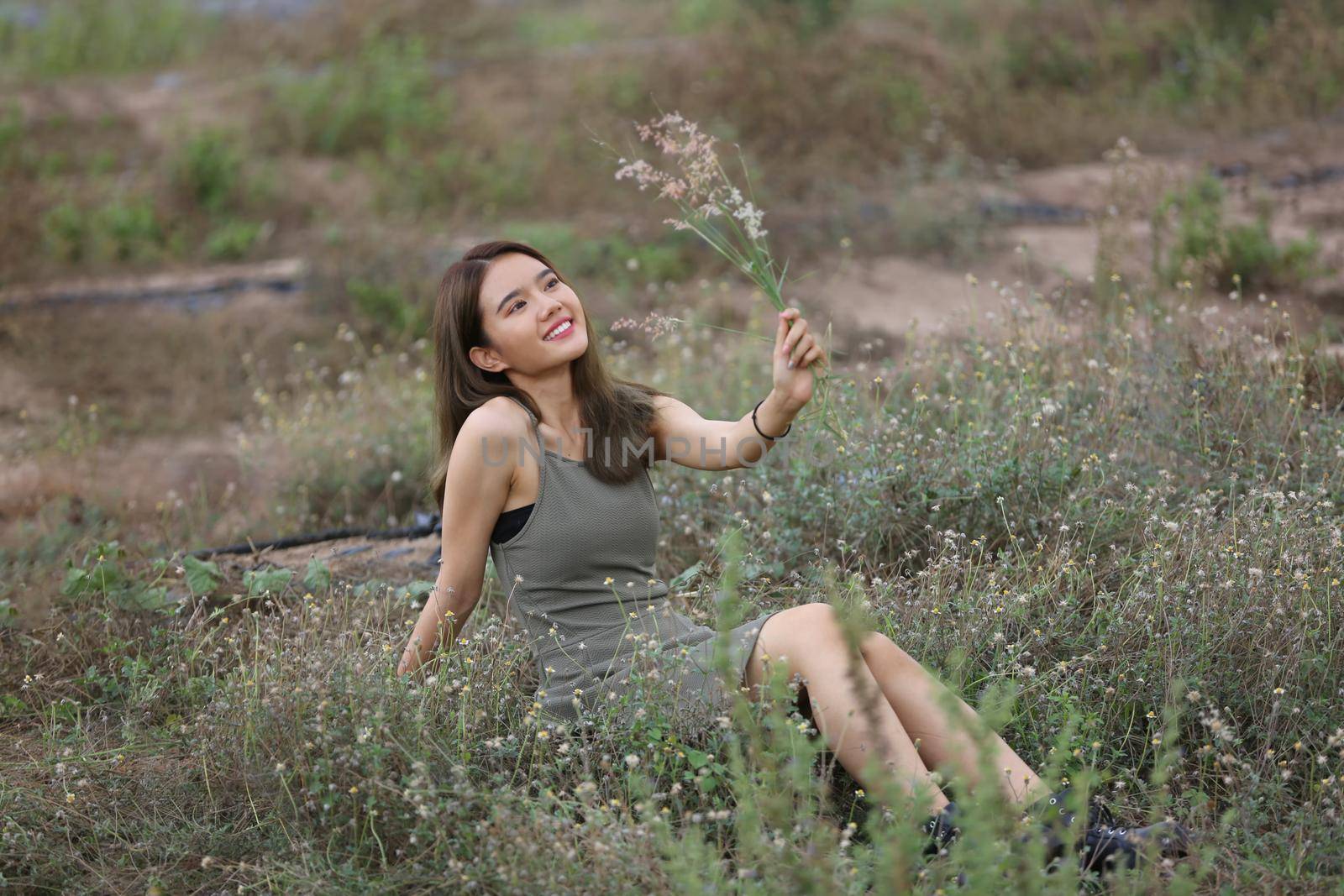 A beautiful woman with long hair in a dress sitting on a meadow and flowers in the evening light.