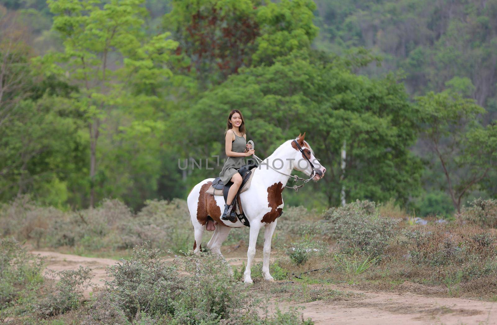 Women on skirt dress Riding Horses On field landscape Against Sky During Sunset