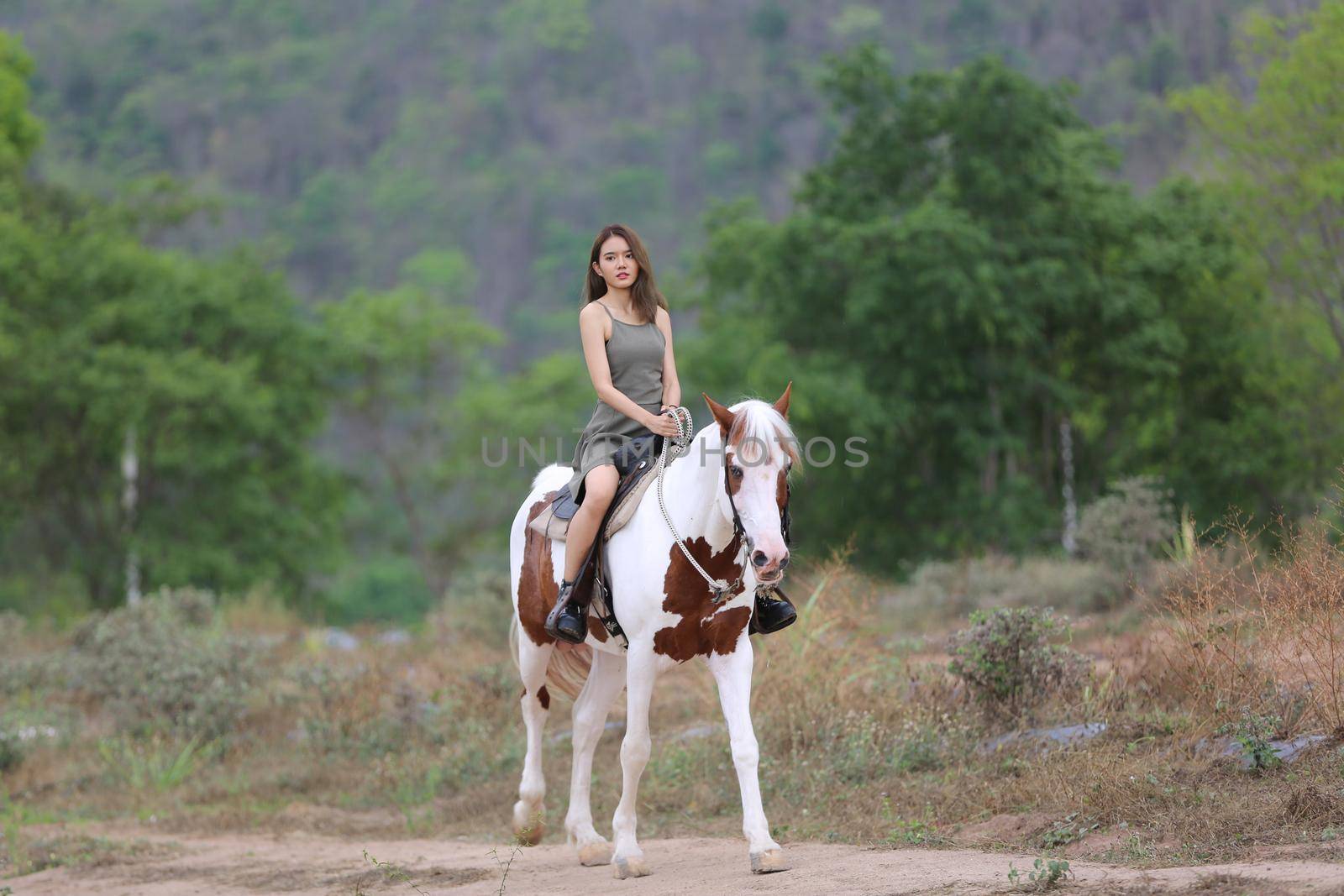 Women on skirt dress Riding Horses On field landscape Against Sky During Sunset