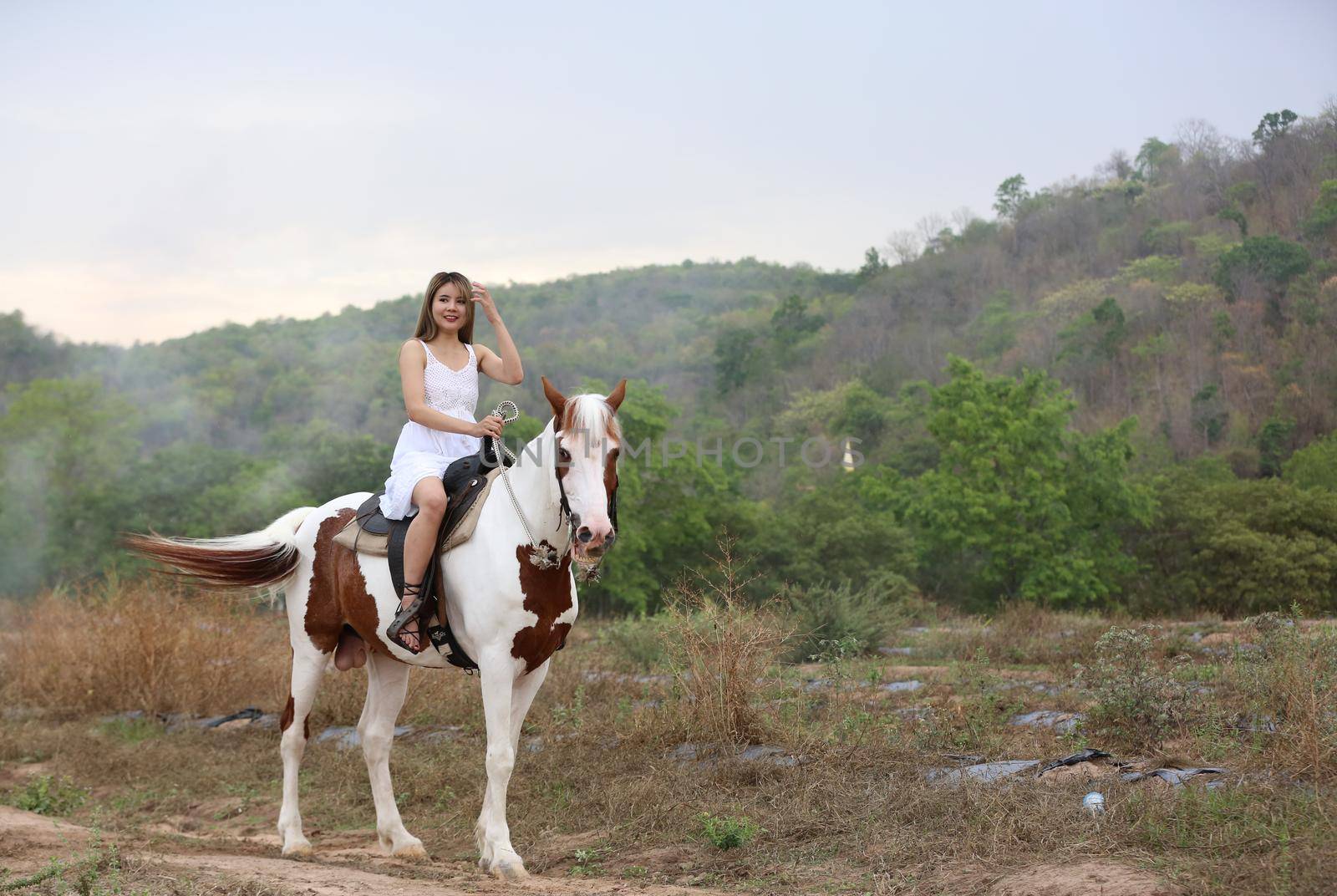 Women on skirt dress Riding Horses On field landscape Against Sky During Sunset