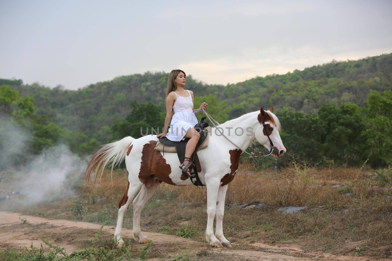 Women on skirt dress Riding Horses On field landscape Against Sky During Sunset