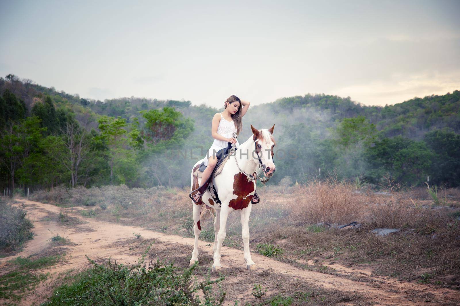 Woman with horse standing on field