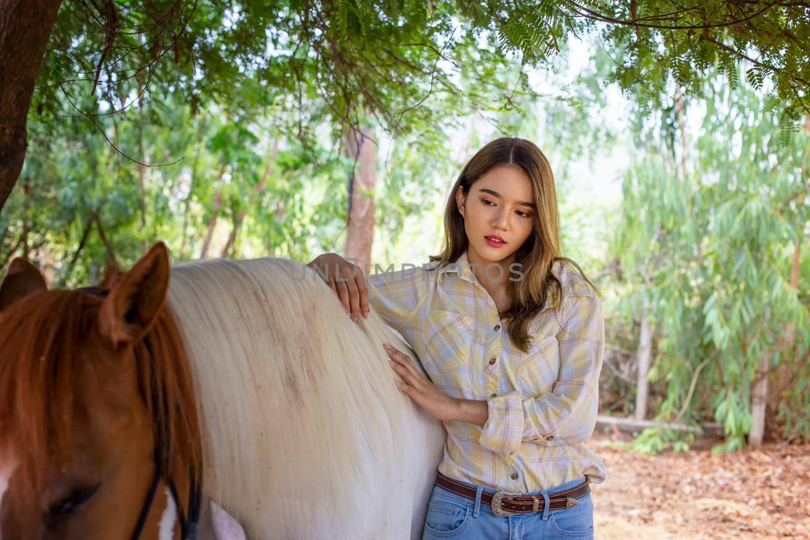 A woman in a cowgirl style sits in a horse ranch with a western farm environment.
