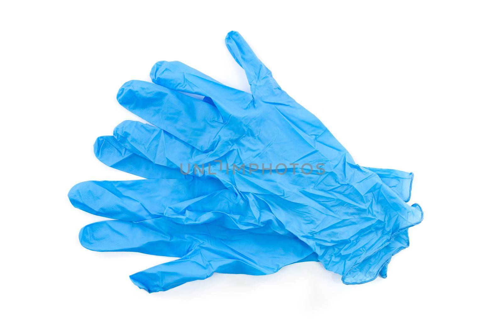 Blue latex medical and laboratory gloves isolated on white background