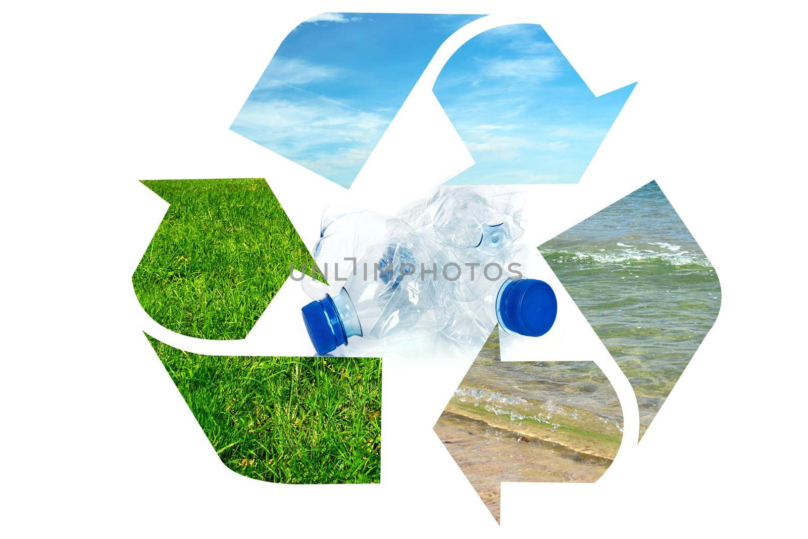 Composite image of global environment conservation - plastic garbage bottles inside recycle sign
