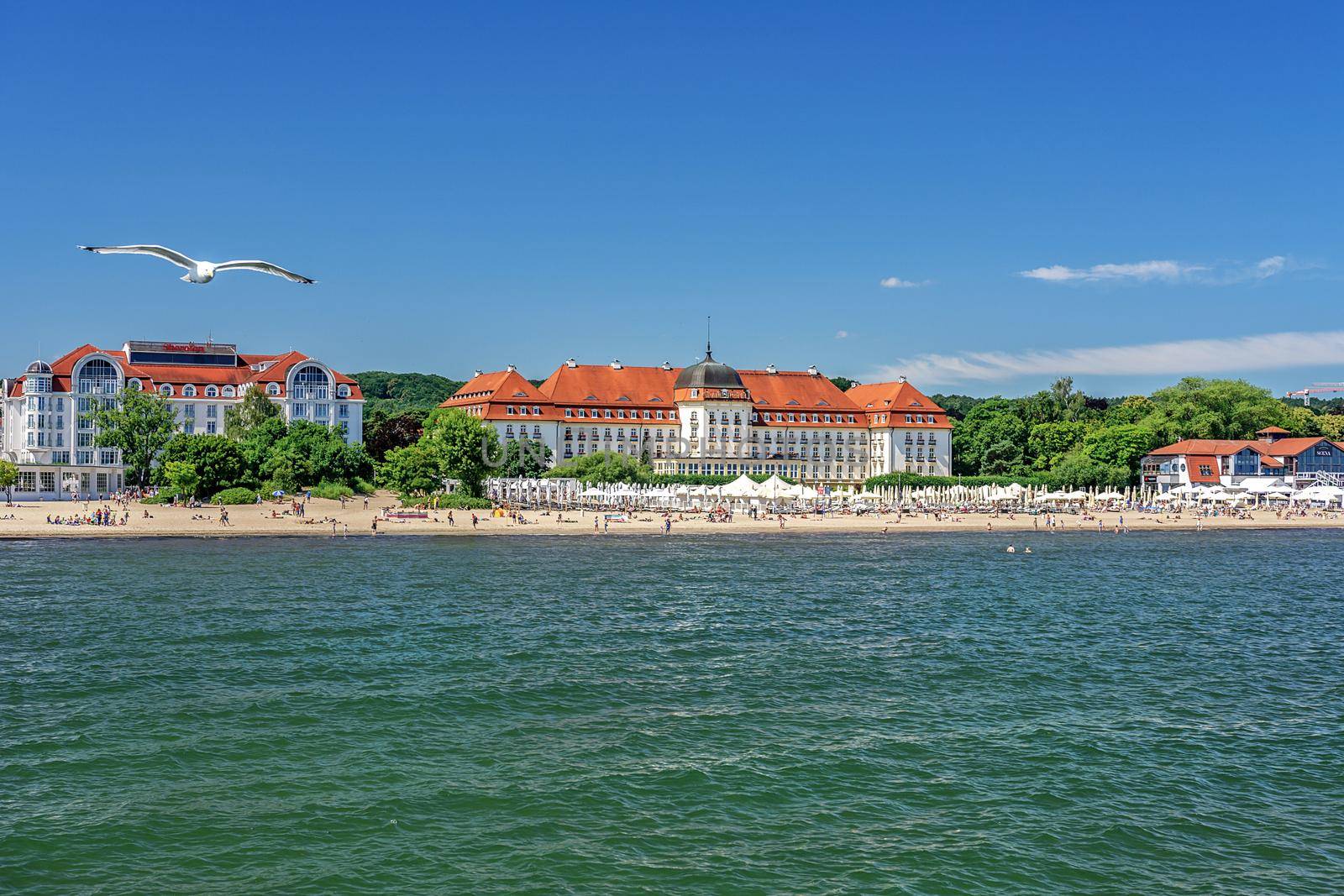 Sopot, Poland - June 27, 2018: View from the Sopot Pier to the beautiful sandy beaches and seaside hotels. Sopot is the most famous tourist resort on the Polish Baltic Coast.