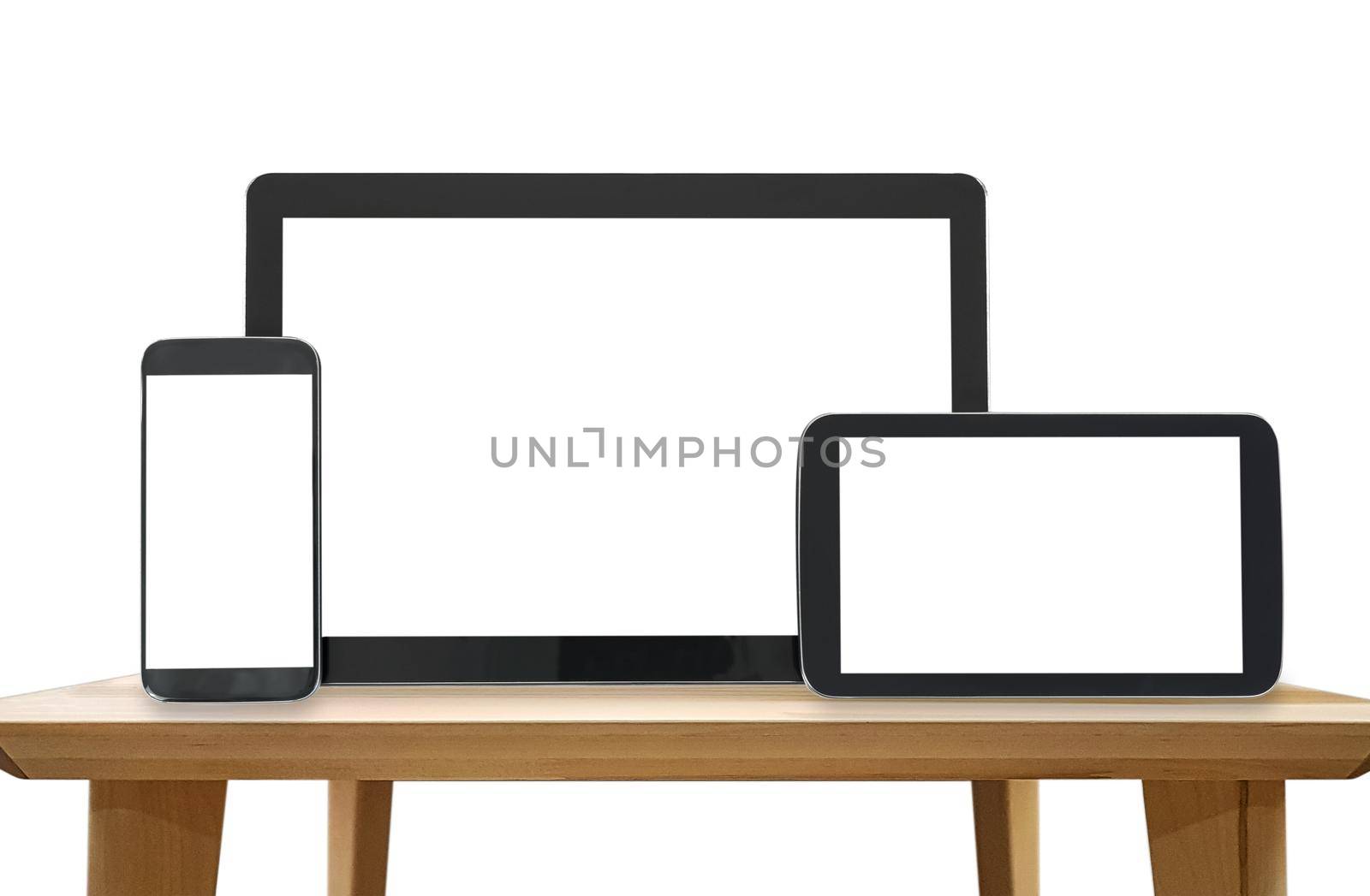 Template for responsive design presentation - digital tablet and smartphone in various orientation on a wooden table