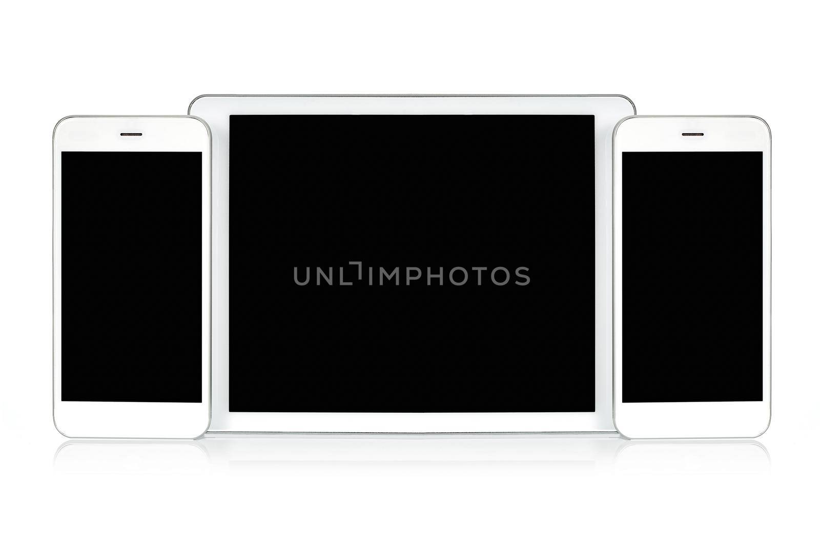 Mockup for responsive design presentation - white digital tablet and smartphones with blank screen.