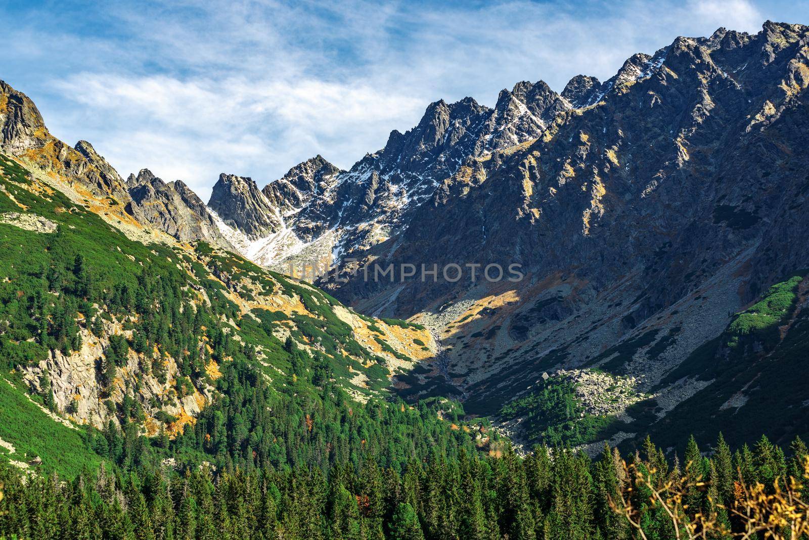 Majestic view of National Park High Tatras Mountains in Popradske Pleso, Slovakia on a sunny autumn day.