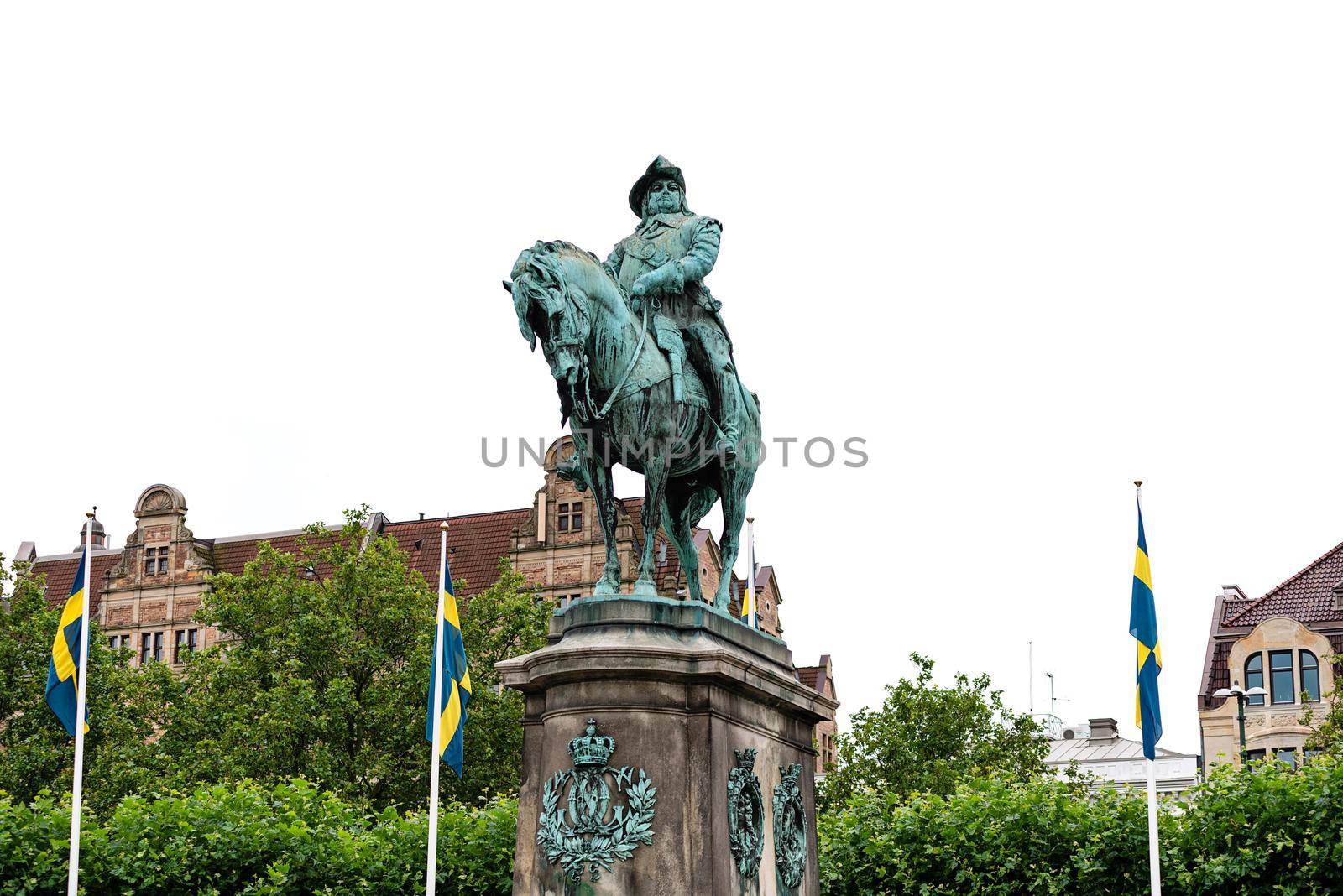 Malmo, Sweden - July 25, 2017:  Stortorget square with the equestrian statue of King Karl X Gustav sculpted by John Borjeson