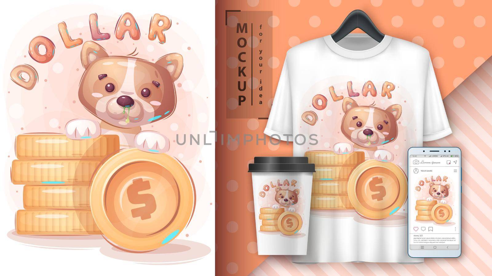 Cute dog with coin poster and merchandising. Vector eps 10