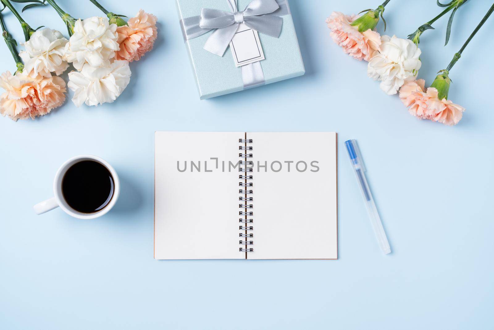 Design concpet of Mother's Day greeting with carnation flower, holiday gift idea and notebook diary on mother's desk background.