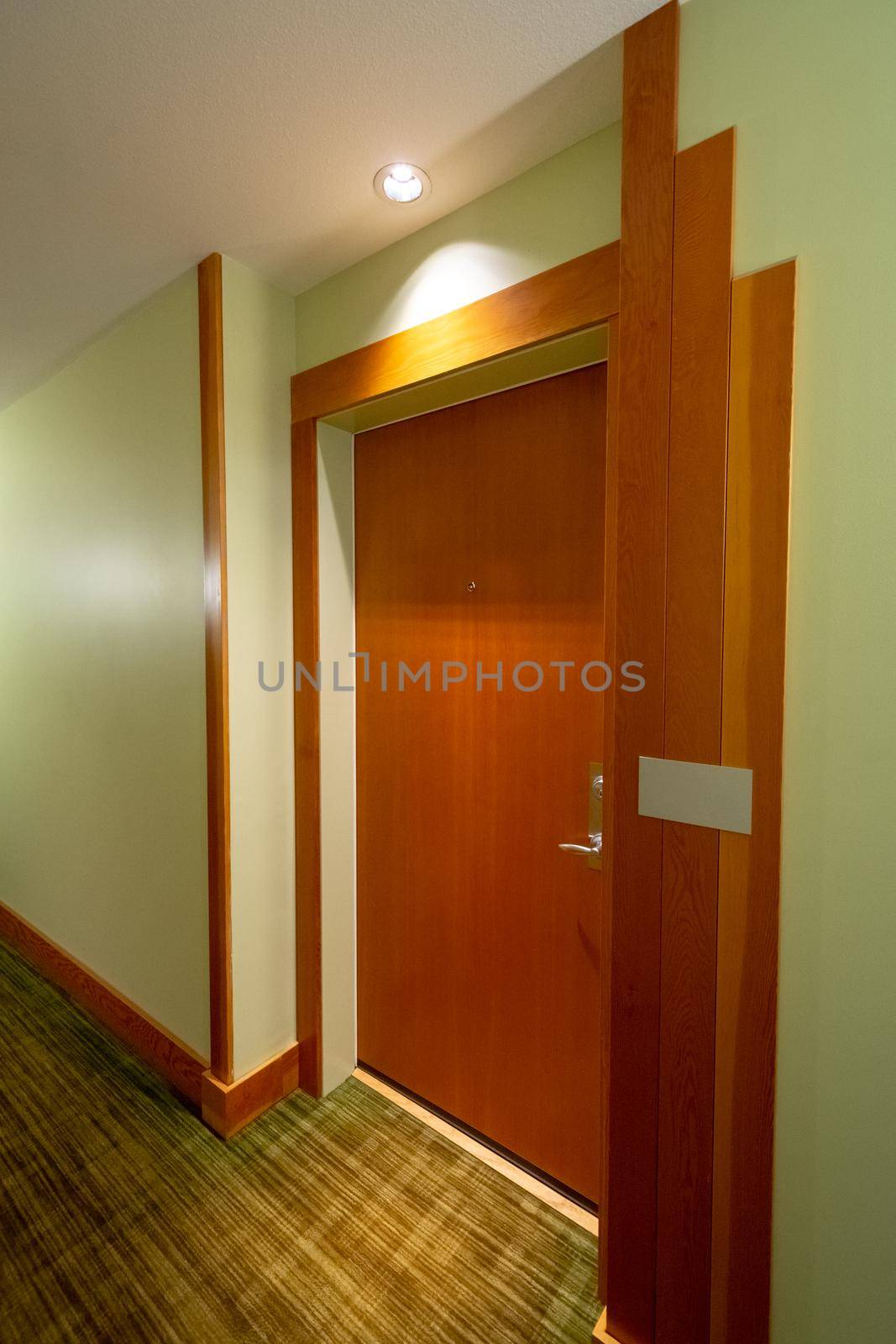 Wooden entrance door of residential apartment with light source above