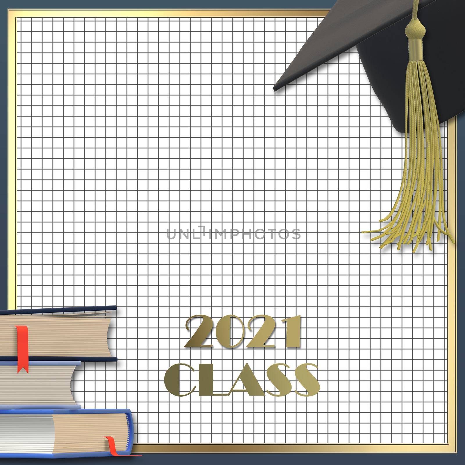 Graduation 2021 cap with tassel. Class of 2021 year on squared graph grid paper. Education concept, isolated. Place for text, copy space. 3D illustration