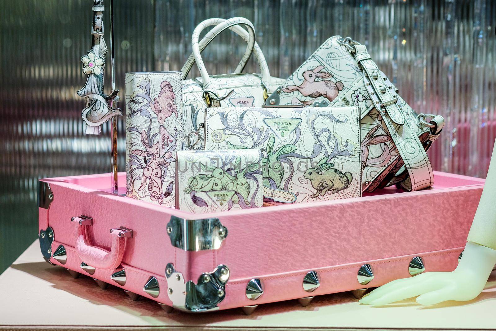 Bangkok-Thailand DEC 21 2017: PRADA Leather handbag put on pink case, a new collection for lady in showroom on PRADA Shop at Siam Paragon shopping center