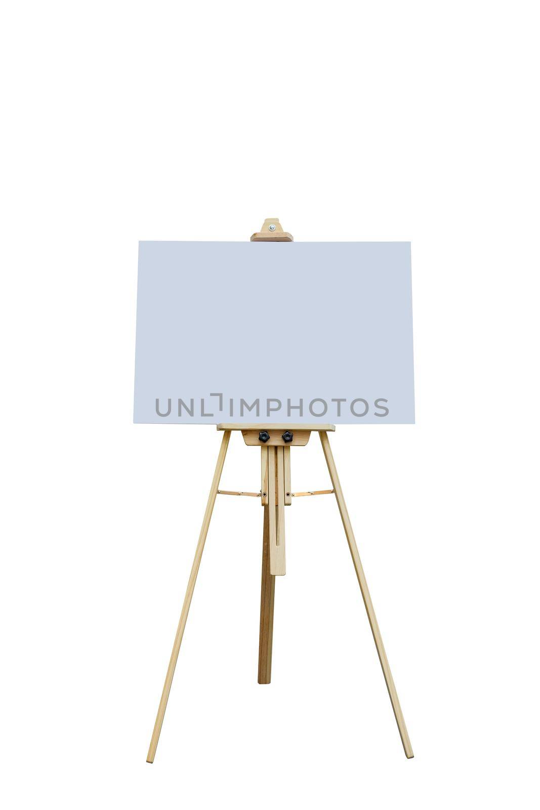 Wooden easel with blank plastic board for write text and draw picture, isolated on white background