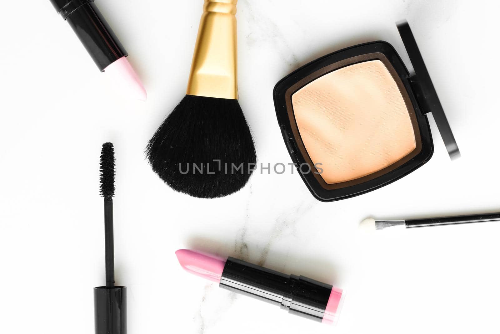 Make-up and cosmetics products on marble, flatlay background by Anneleven