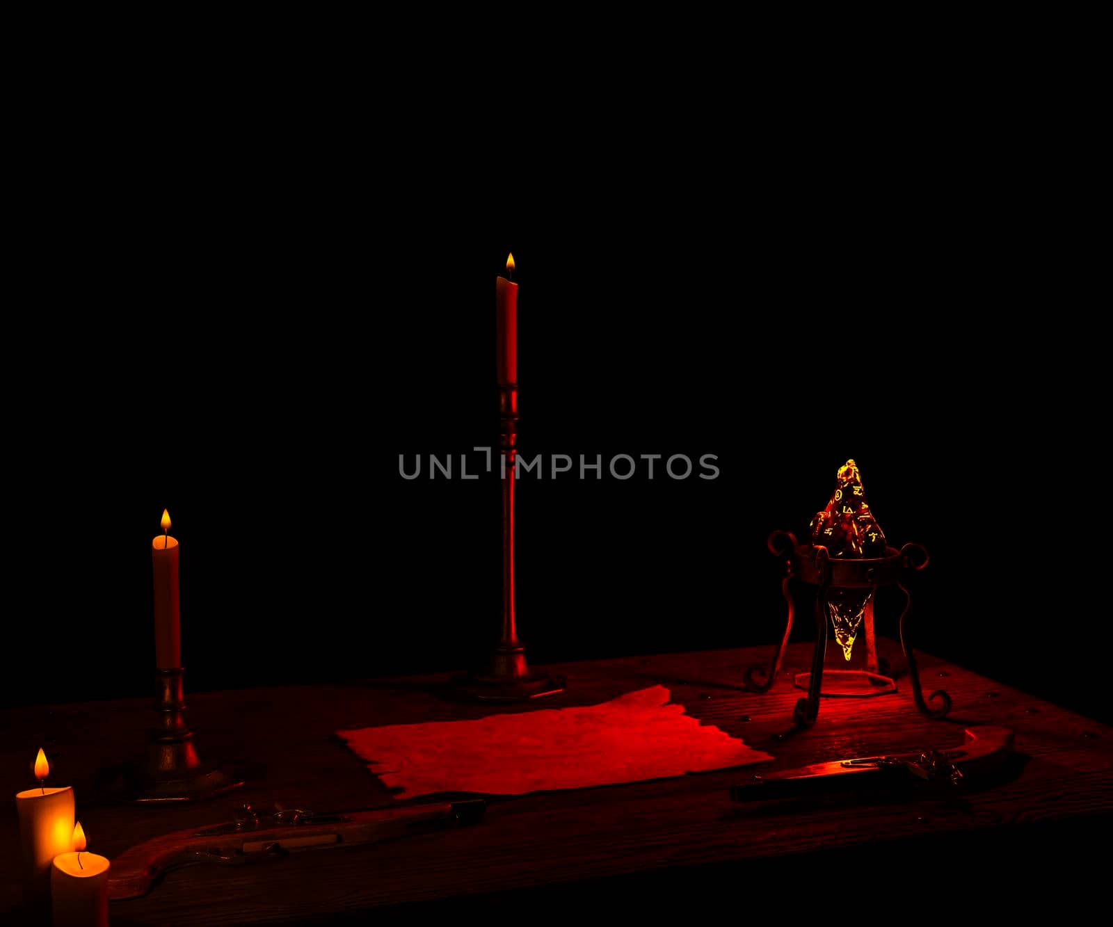 Pirate map with burning candles and two guns - 3d rendering