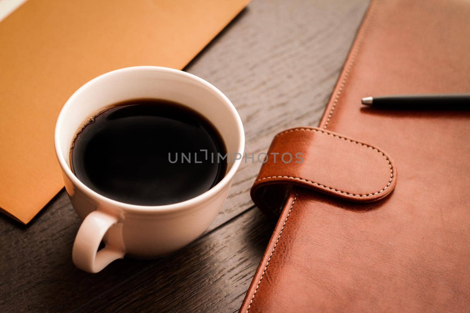 Office table desk and coffee cup, productivity concept by Anneleven