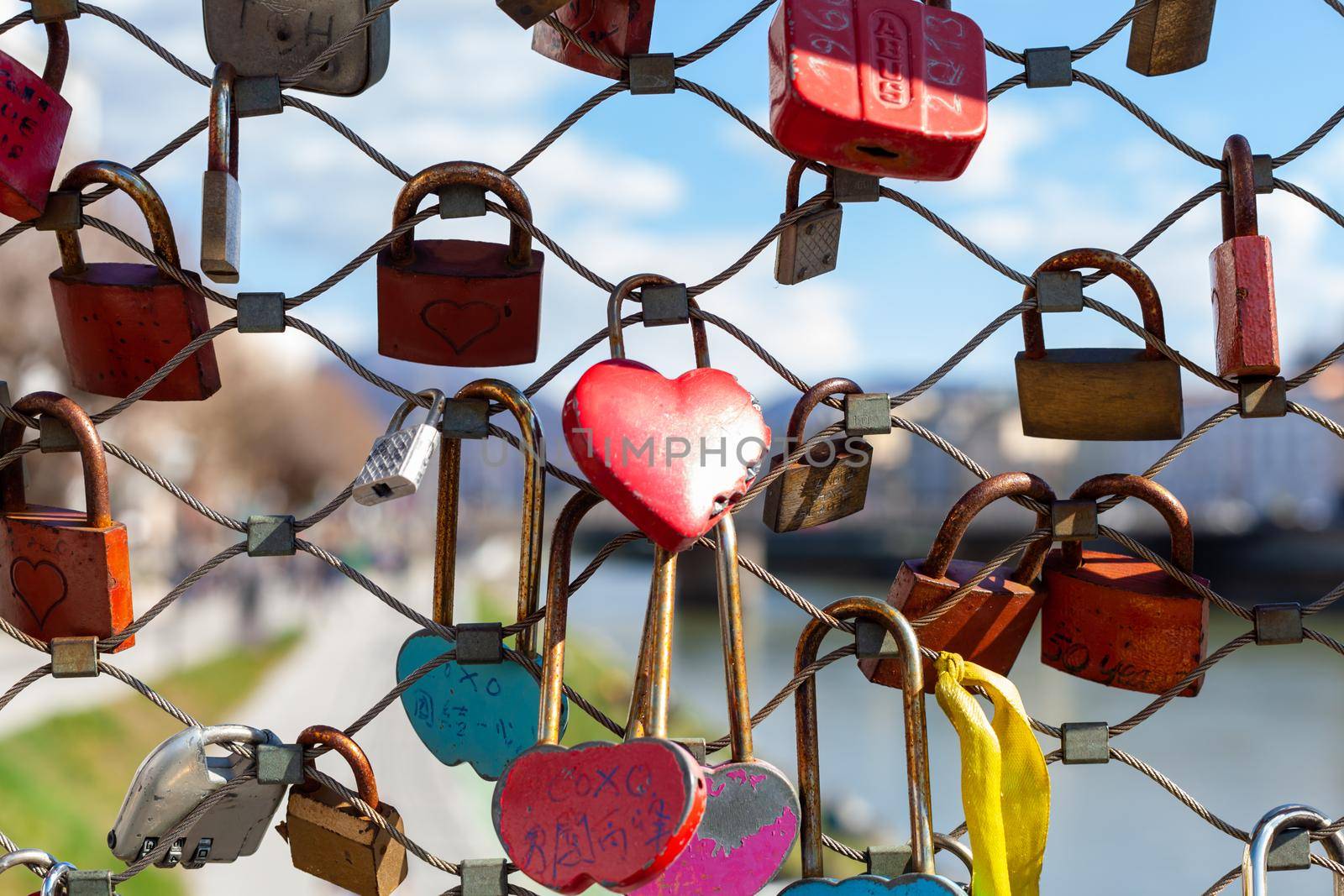 Salzburg - April 4, 2021: locks on the bridge, wedding tradition.