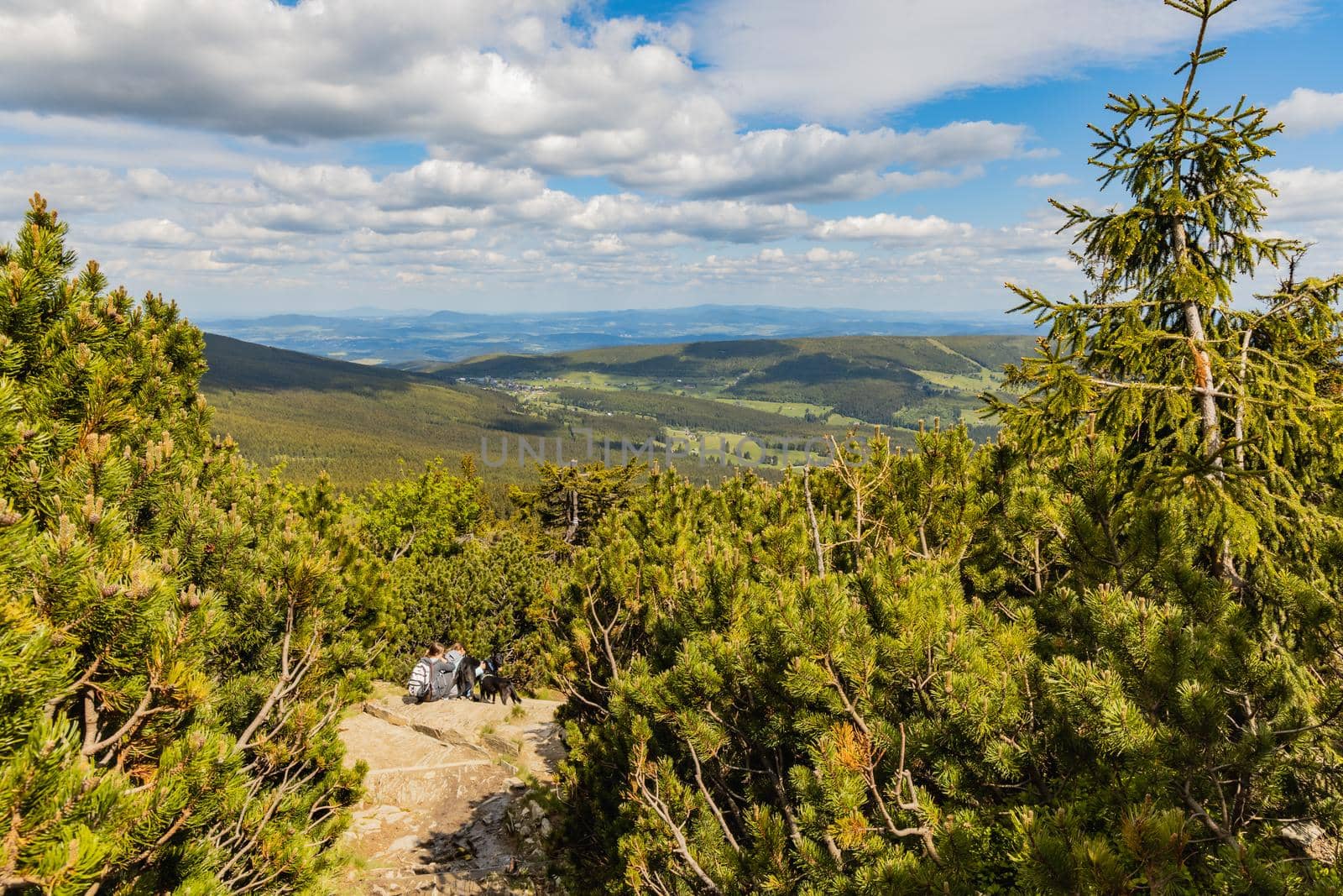 Long mountain trail full of stony stairs with panorama if Karkonosze Giant Mountains around by Wierzchu