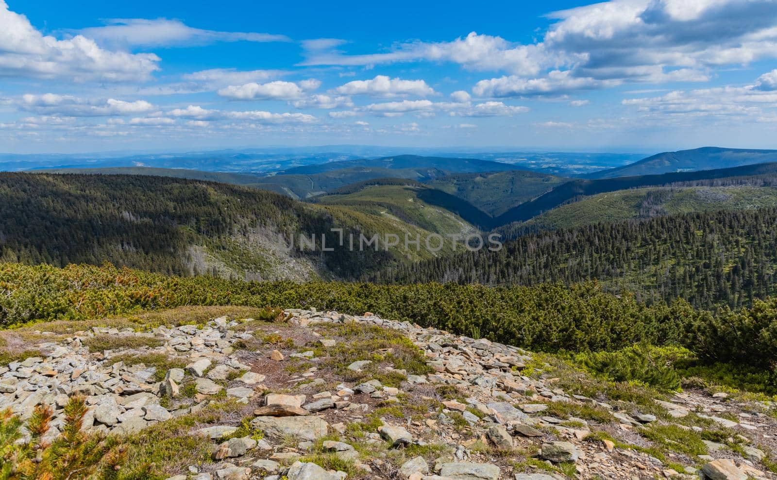 Panorama of Giant Mountains next to trail to Sniezka